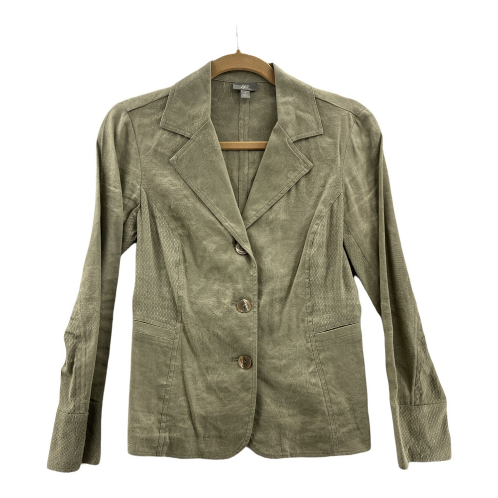 J. Jill Womens Blazer Jacket Green Floral Notch Lapel Pockets Buttons Stretch 2